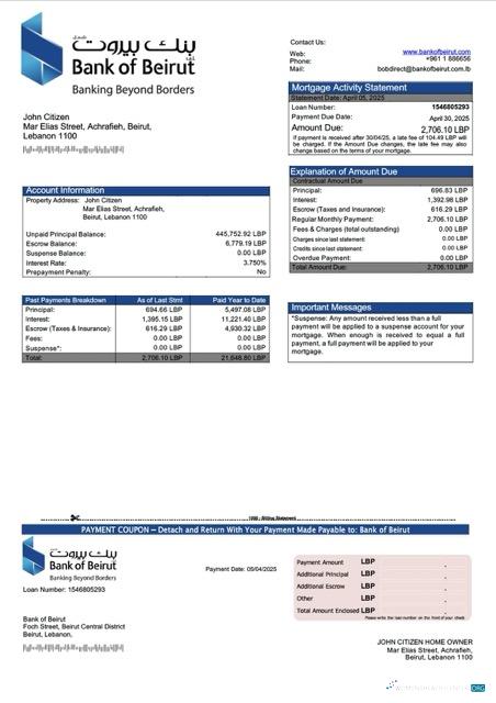 Download Lebanon Bank of Beirut mortgage statement Word and PDF template Photoshop template